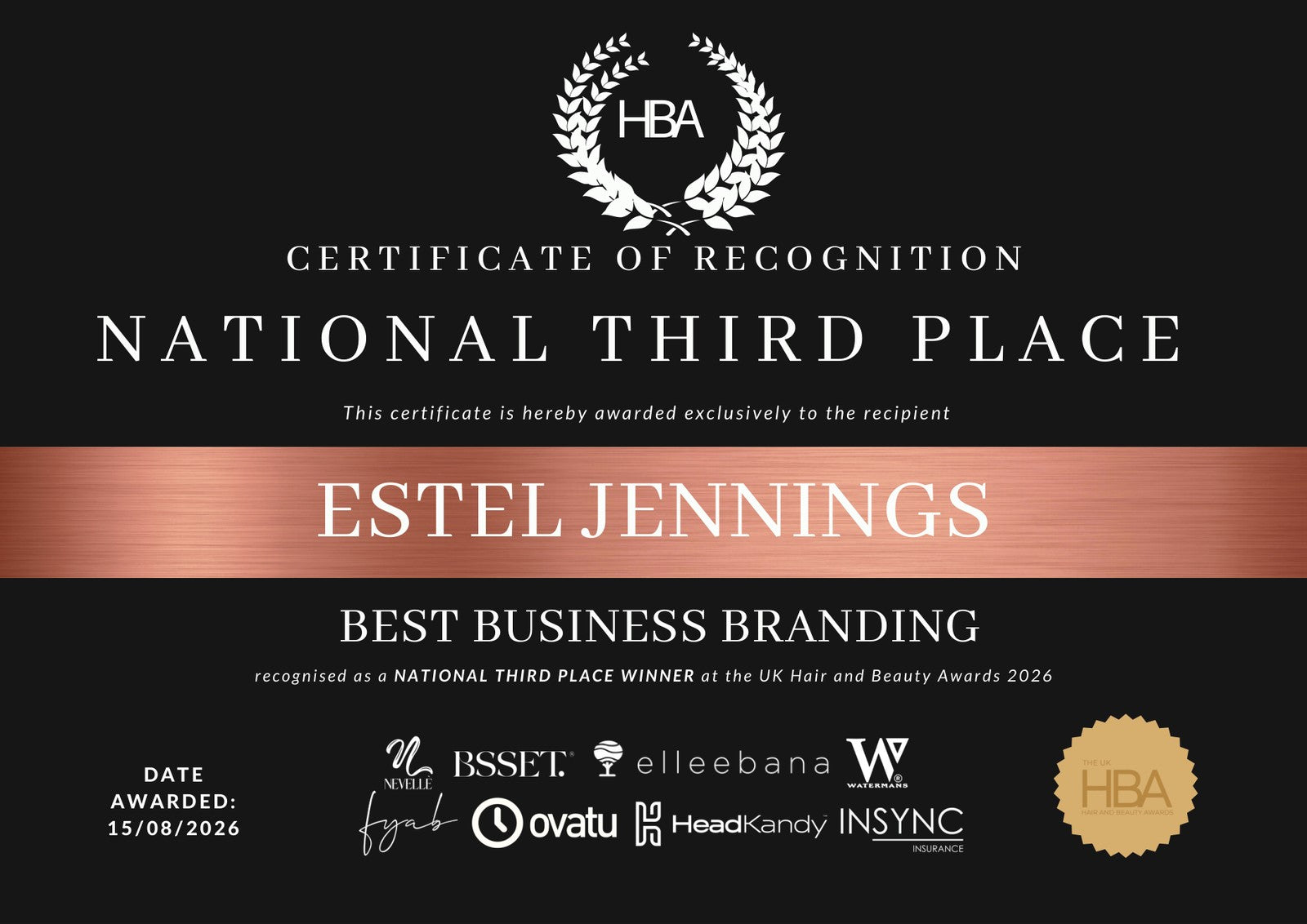 UK Hair and Beauty Awards 2026 Best Business Branding National Third Place